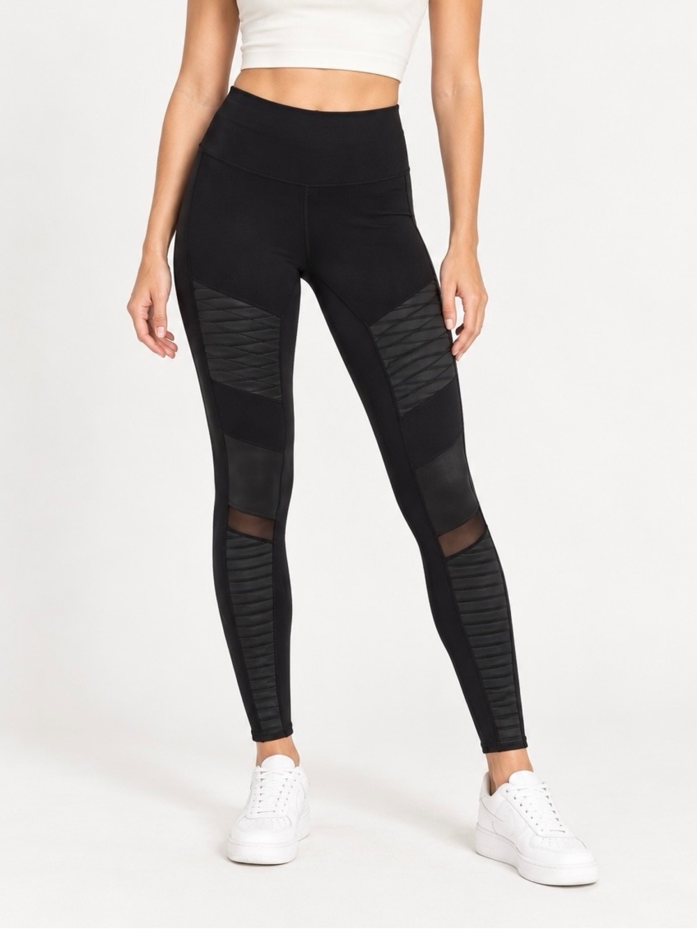 Alo Yoga High Waist Moto Leggings Black Glossy Ribbed Mesh XS